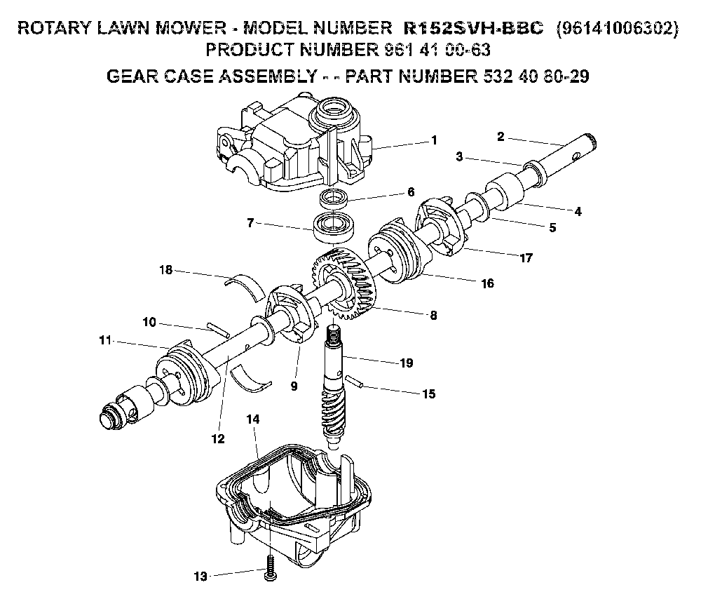 Gear Case Diagram and Parts List for R152SVH-BBC (96141006302, 961410063)(2008-02) Husqvarna Lawn Mower