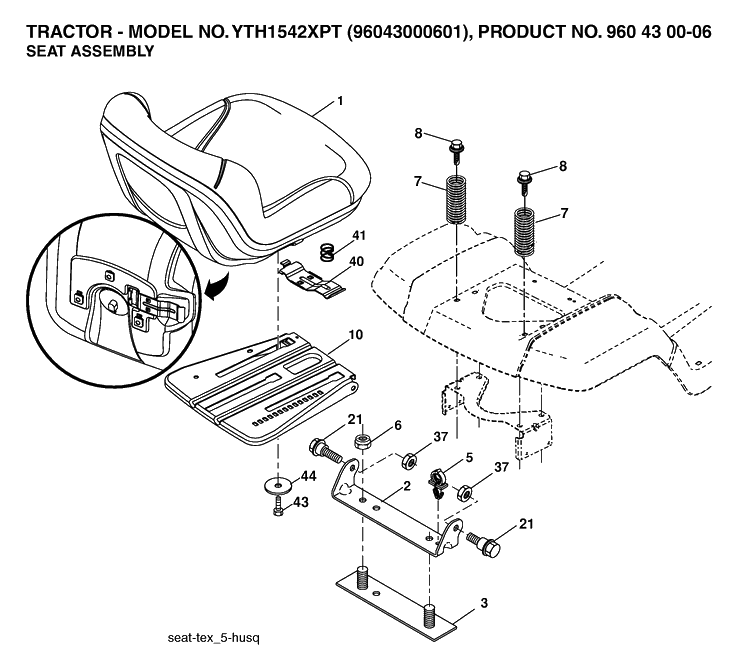 Seat Diagram and Parts List for YTH1542XP (96043000601)(2006-06) Husqvarna Lawn Tractor