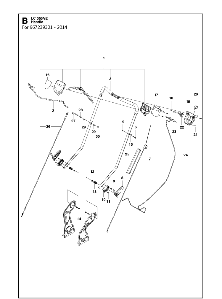Handle Diagram and Parts List for LC353VE  Husqvarna Lawn Mower