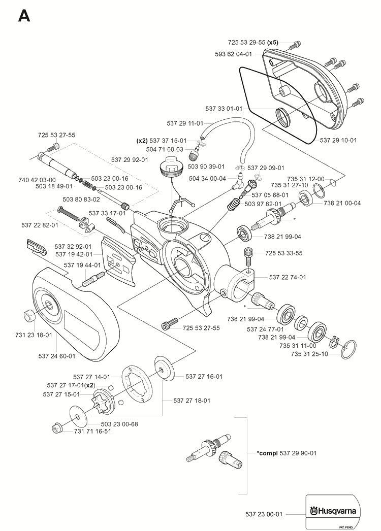 Saw Head Diagram and Parts List for 326P 20042300001-20062700000 Husqvarna Pole Saw