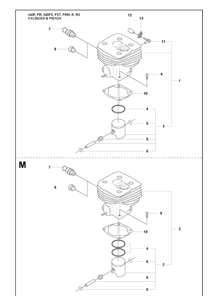Cylinder And Piston Diagram and Parts List for 345FR 2008-05 Husqvarna Brush Cutter
