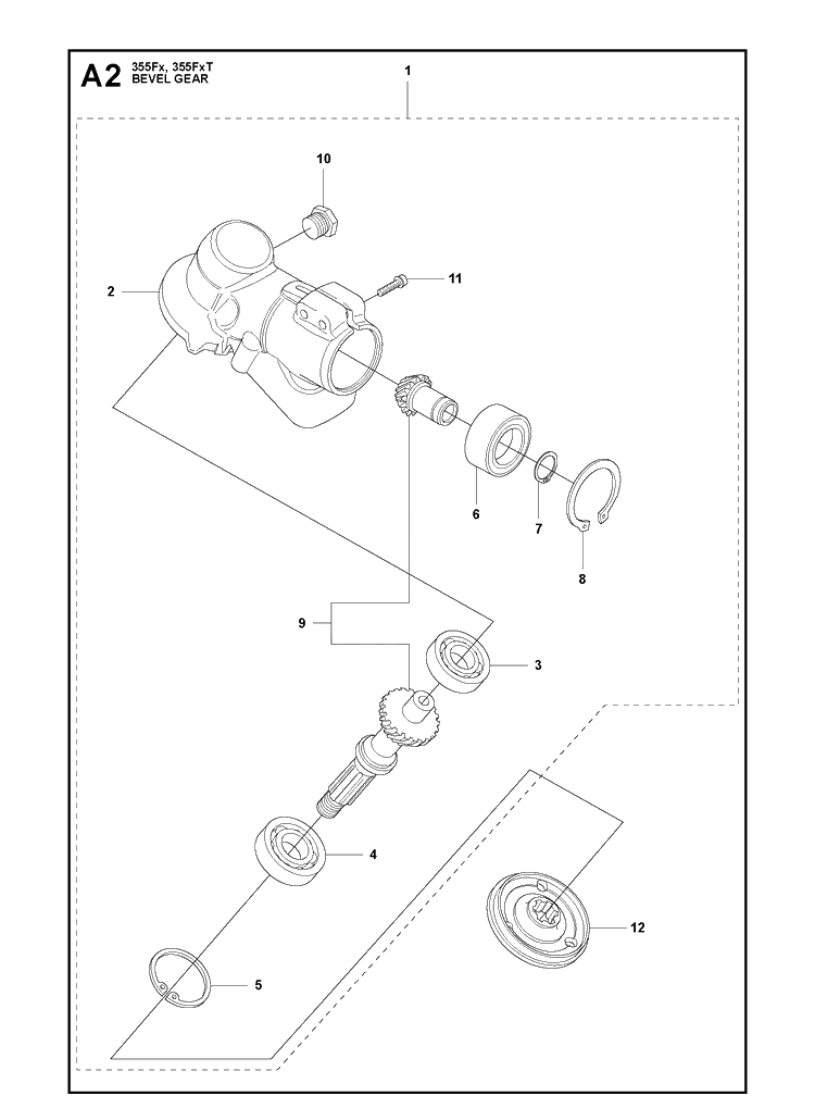 Bevel Gear Diagram and Parts List for 355FRM  Husqvarna Brush Cutter