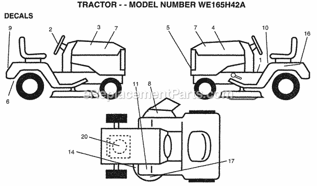 Decals Diagram and Parts List for WE165H42A 1998 Husqvarna Lawn Tractor