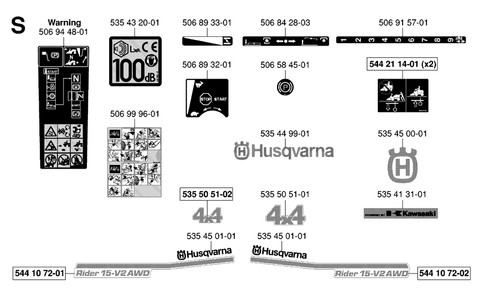 Decals Diagram and Parts List for R15-V2AWD (965080101)(2006-01) Husqvarna Lawn Tractor