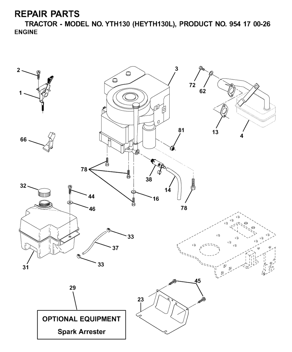 Engine And Cutting Equipment Diagram and Parts List for YTH130 (954170026-L)(2001-09) Husqvarna Lawn Tractor