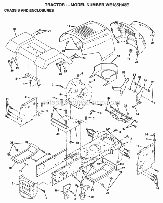 Chassis And Enclosures Diagram and Parts List for WE185H42E 1998 Husqvarna Lawn Tractor