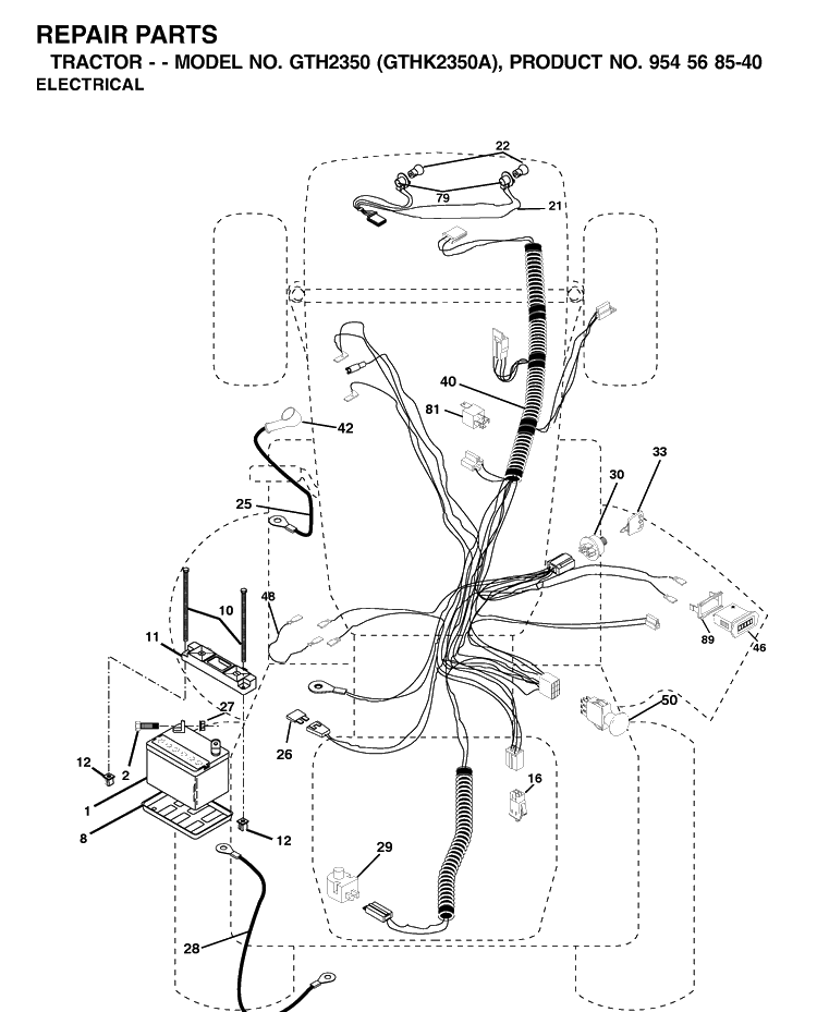 Electrical Diagram and Parts List for GTH2350-GTHK2350A 2002-07 Husqvarna Lawn Tractor