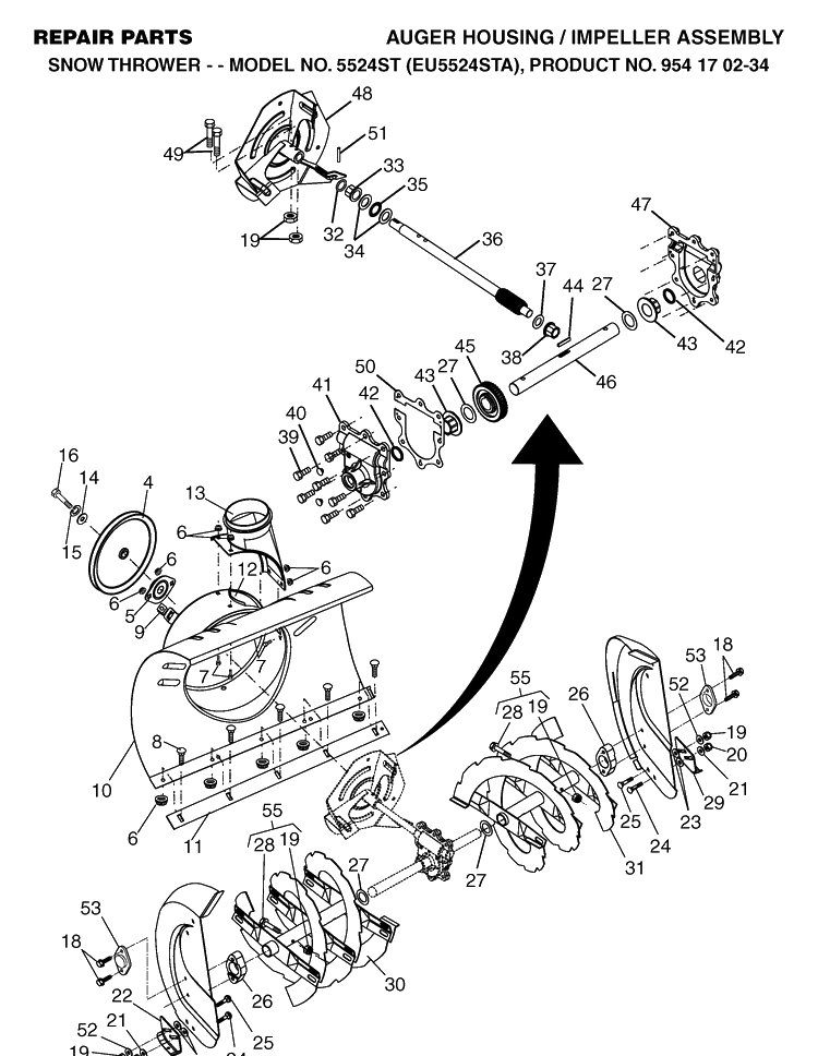 Auger Housing And Impeller Diagram and Parts List for 5524ST (EU5524STA)(2004-09) Husqvarna Snow Blower