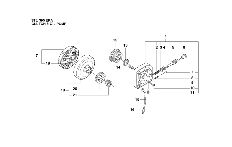Clutch And Oil Pump Diagram and Parts List for 395XP/ (XPG - 395 XP EPA)(20163900001-20193499999) Husqvarna Chainsaw