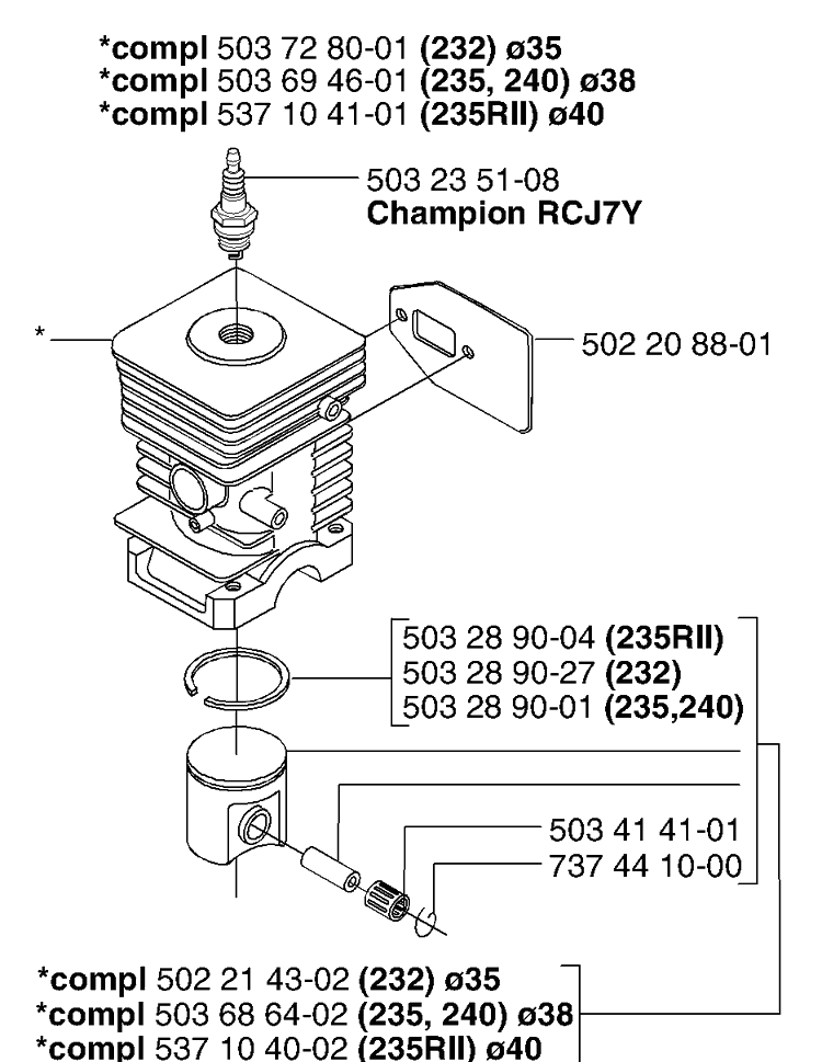 Piston/Cylinder Diagram and Parts List for 232L 2002-09 Husqvarna Brush Cutter