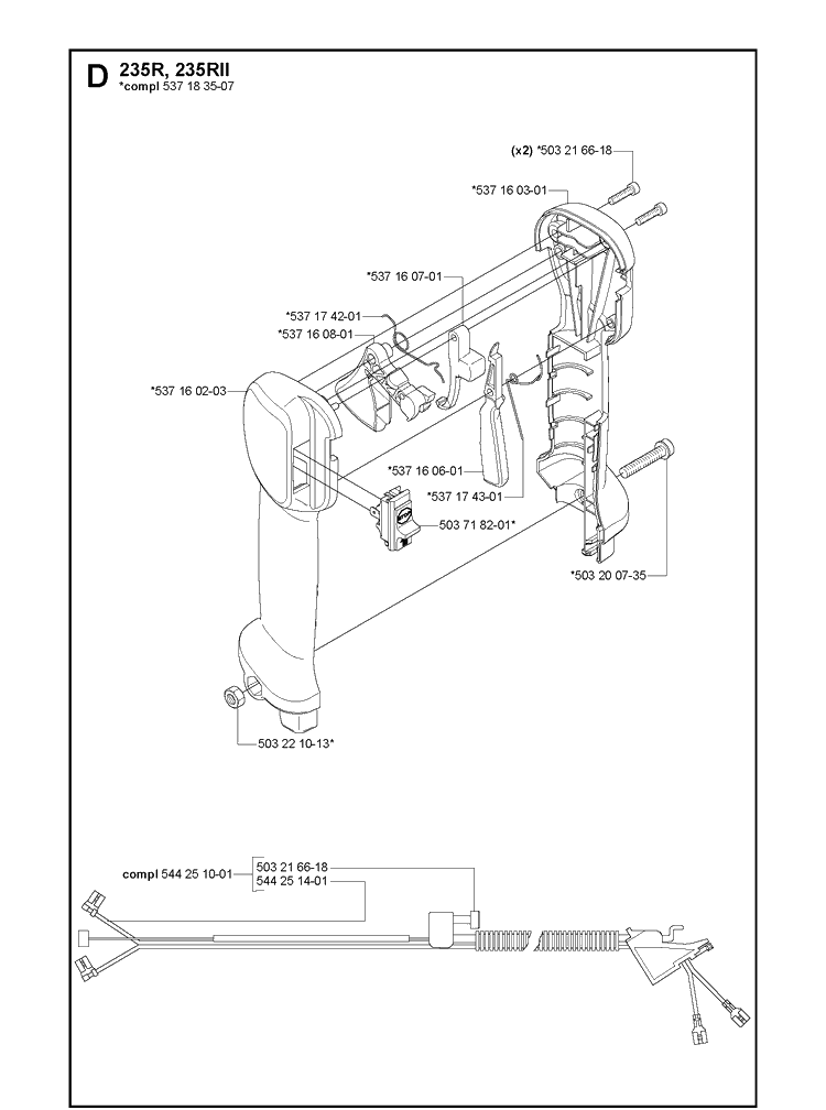 Handle And Controls Diagram and Parts List for 235RII 20061400001-20144899999 Husqvarna Brush Cutter