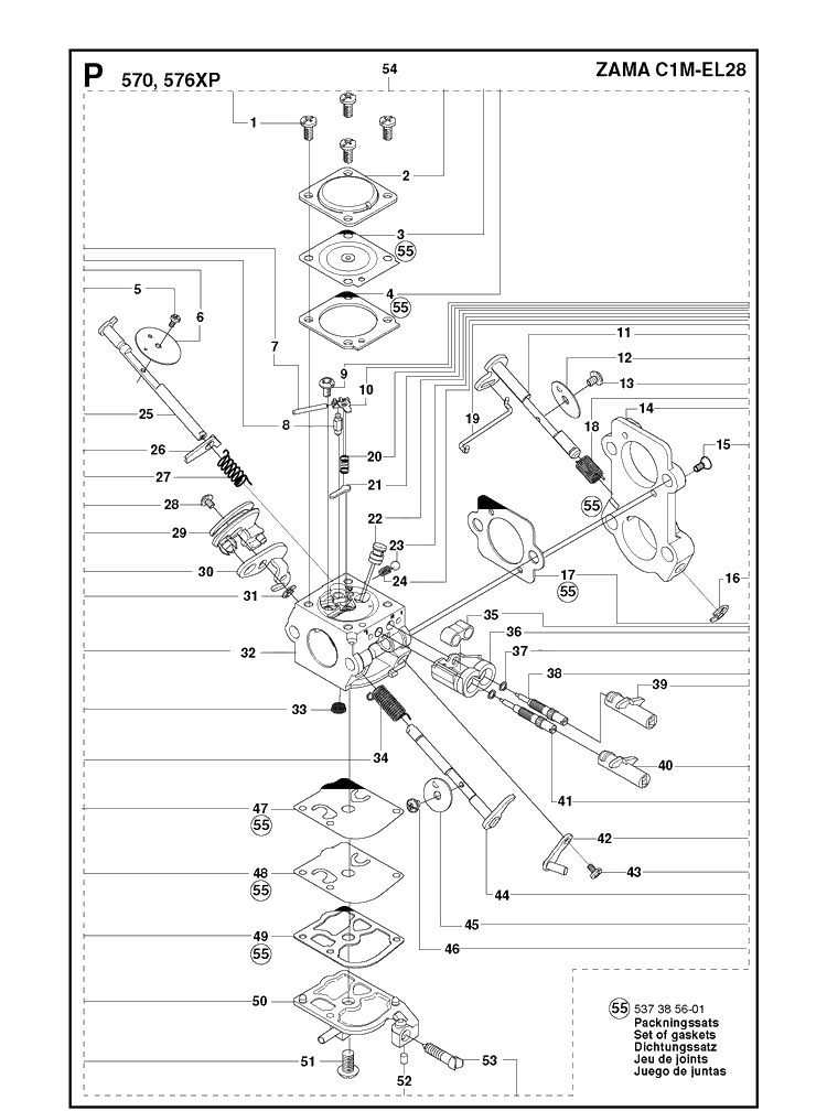 Carburetor Details Diagram and Parts List for 576XP 20090100001-Current Husqvarna Chainsaw
