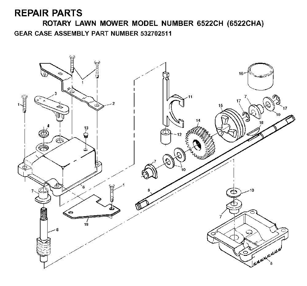 Gear Case Diagram and Parts List for 6522CHA (954222725, 532702511)(2001-01) Husqvarna Lawn Mower