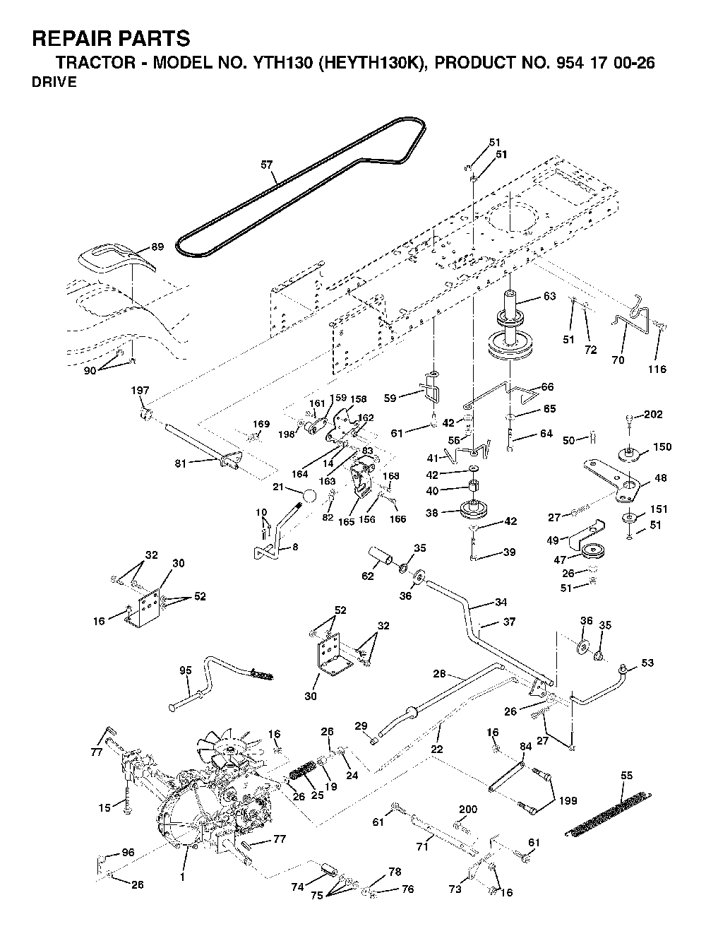 Drive Diagram and Parts List for YTH130 (HEYTH130K, 954170026)(2001-01) Husqvarna Lawn Tractor