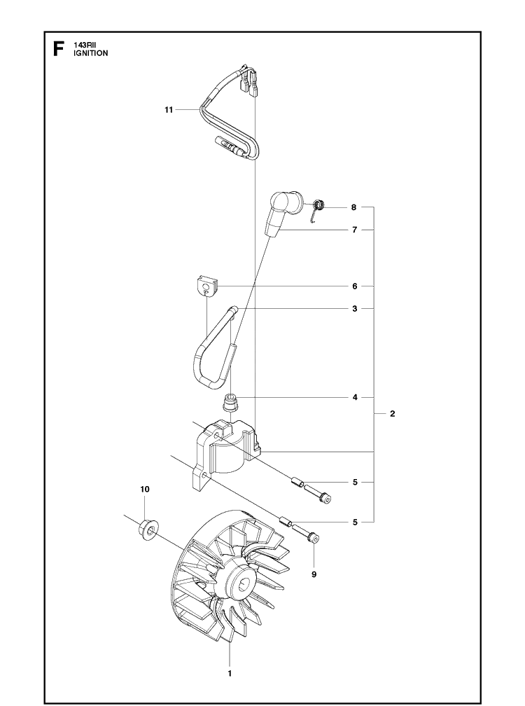 Ignition System Diagram and Parts List for 143RII 20090100001-20143600000 Husqvarna Brush Cutter
