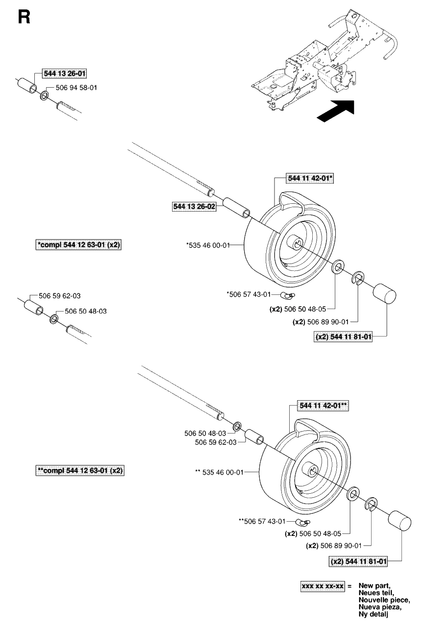Wheels And Tires Diagram and Parts List for R13AWD (965079901)(2006-01) Husqvarna Lawn Tractor