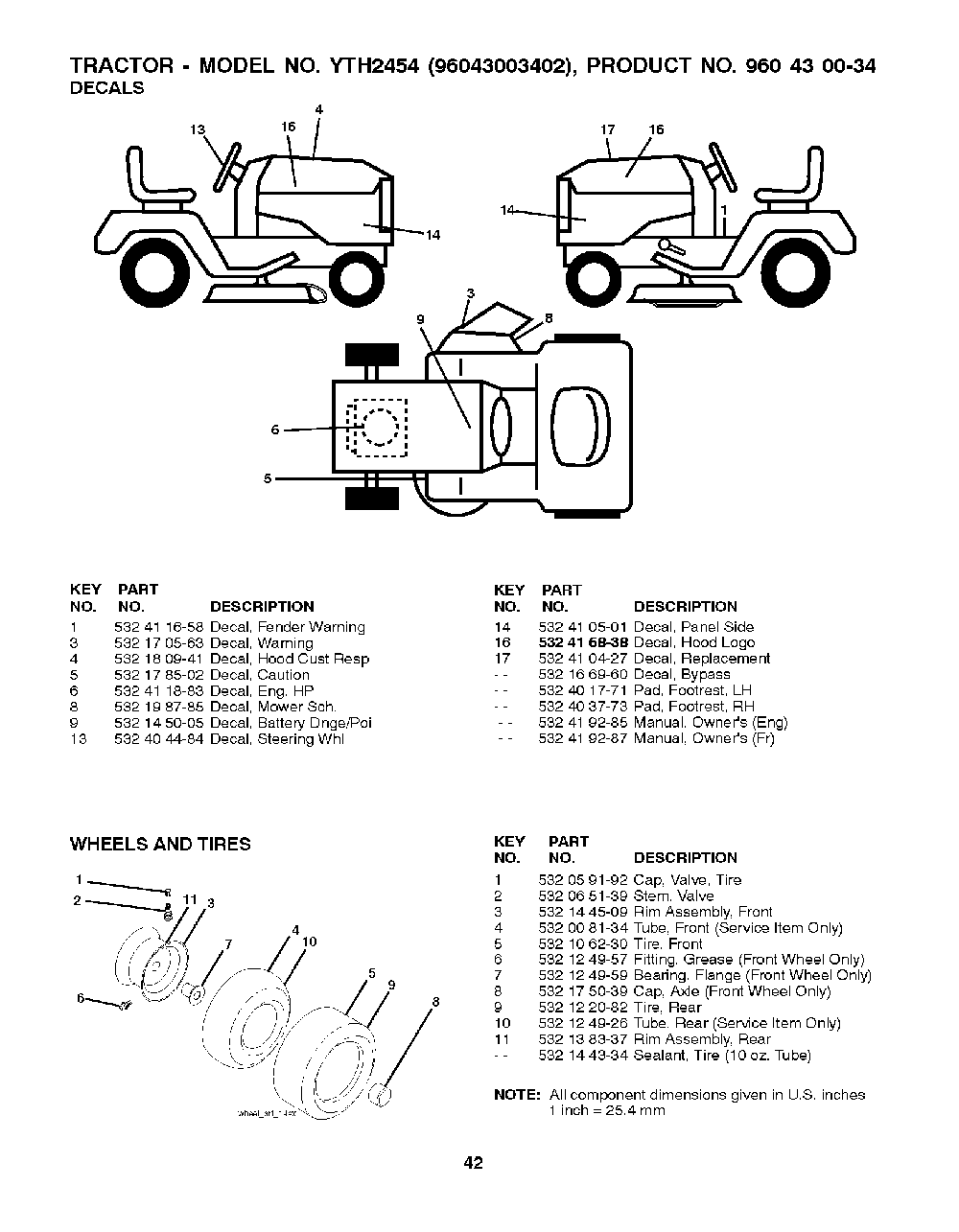 Wheels And Tires Diagram and Parts List for YTH245496043003402 2008-02 Husqvarna Lawn Tractor