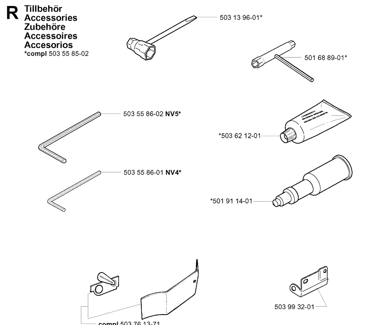 Accessories Diagram and Parts List for 395XP/ (XPG)(20051800001-20070100000) Husqvarna Chainsaw