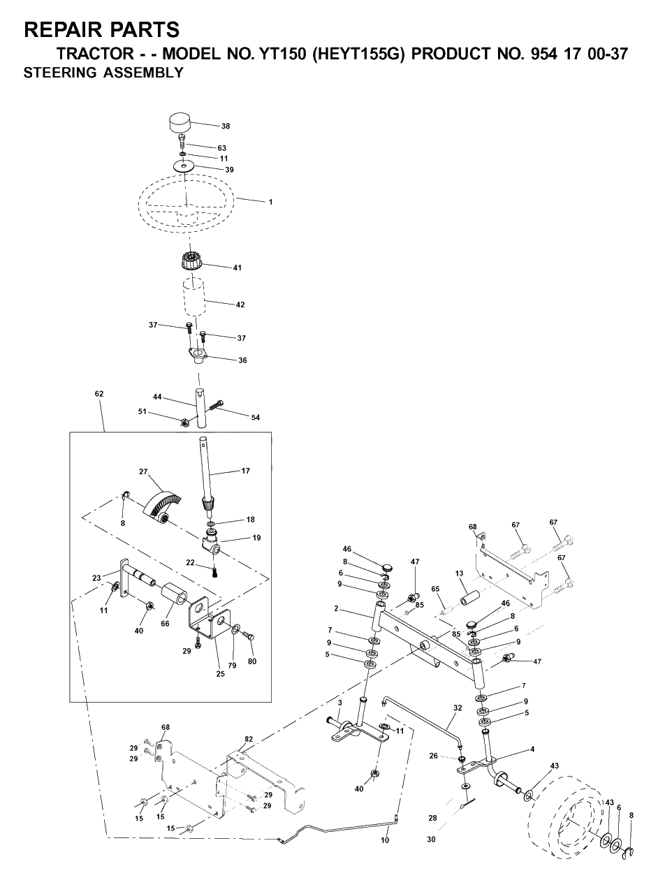 Steering Diagram and Parts List for YT150 (954170037-G)(2001-01) Husqvarna Lawn Tractor
