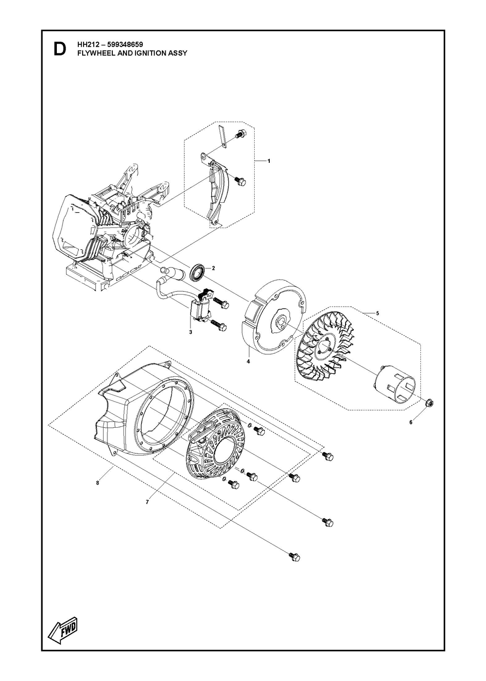 Flywheel And Ignition Assembly Diagram and Parts List for HH212 599348659 Husqvarna Engine