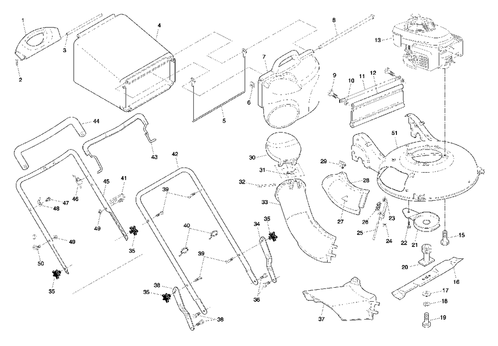 Handle And Deck Assembly Diagram and Parts List for 55C21HV (954223890-A)(2005) Husqvarna Lawn Mower