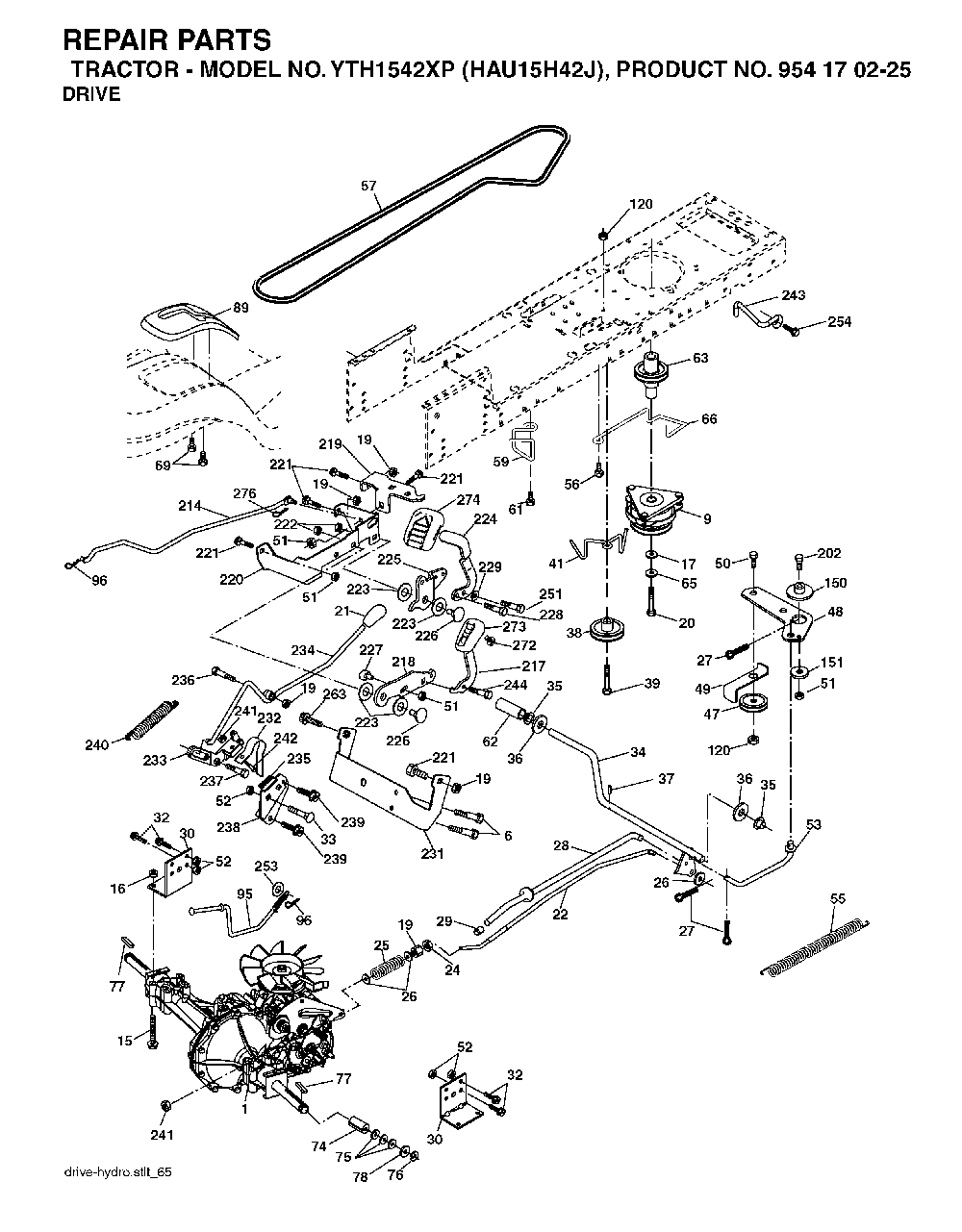 Drive Diagram and Parts List for YTH1542XP (HAU15H42J, 954170225)(2004-09) Husqvarna Lawn Tractor