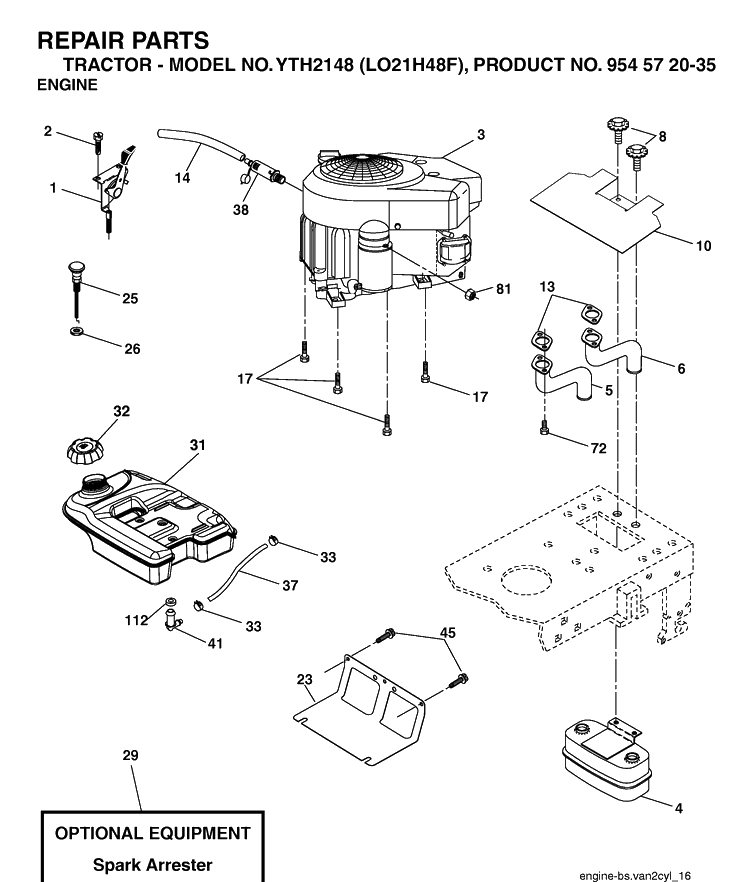Engine Diagram and Parts List for YTH2148-LO21H48F 2004-03 Husqvarna Lawn Tractor