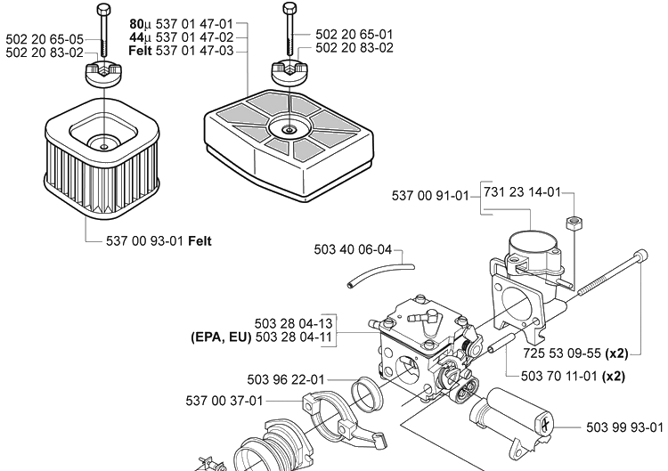 Air Filter/Carburetor Diagram and Parts List for 385 2005-03 Husqvarna Chainsaw