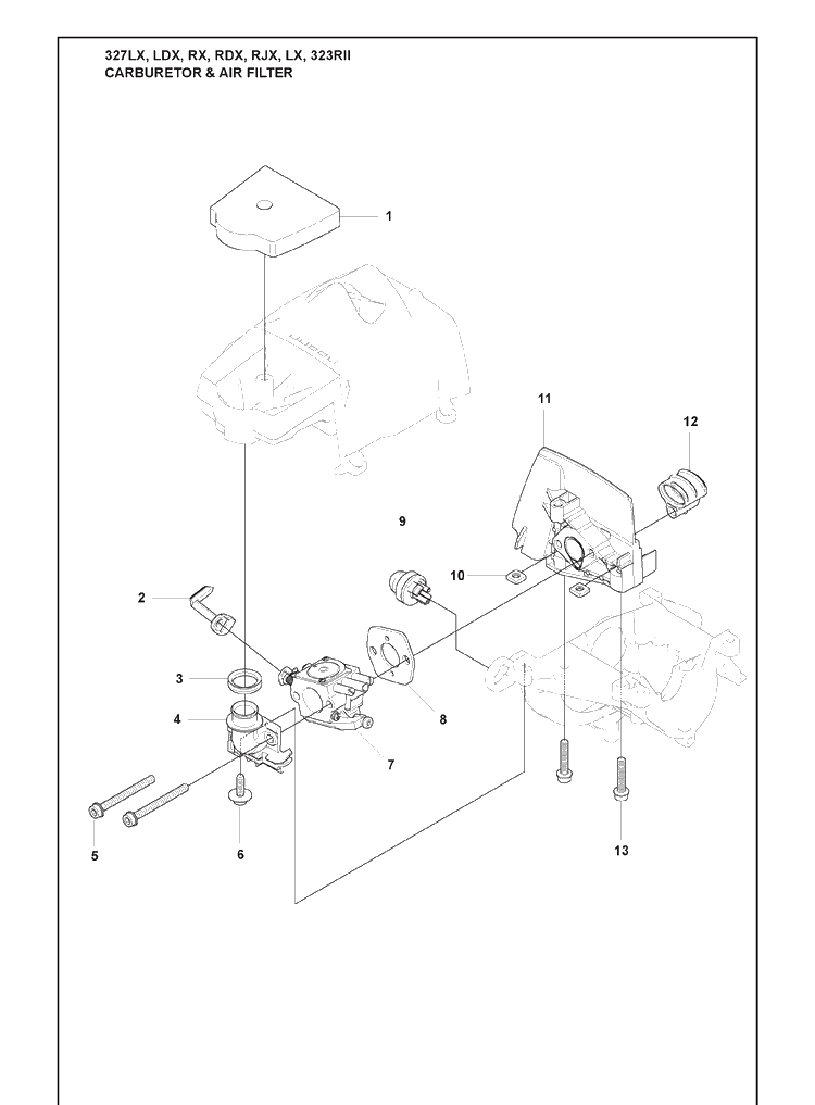 Carburetor And Air Filter Diagram and Parts List for 323RII 2009-08 Husqvarna Trimmer