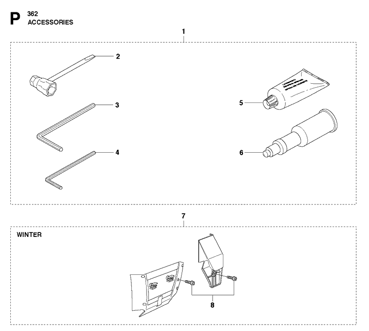 Accessories Diagram and Parts List for 362 2011-02 Husqvarna Chainsaw