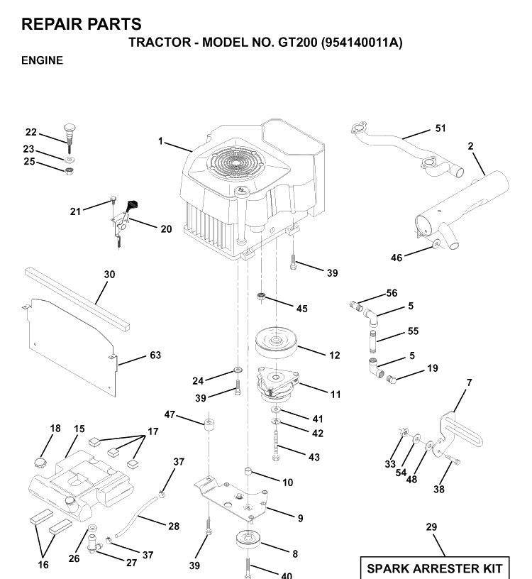 Engine Diagram and Parts List for GT200 (954140011A)(1997-01) Husqvarna Lawn Tractor