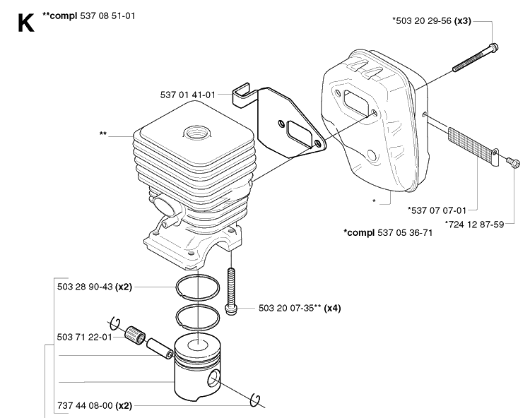 Cylinder Piston Diagram and Parts List for 326EX 20020500001-20144799999 Husqvarna Edger