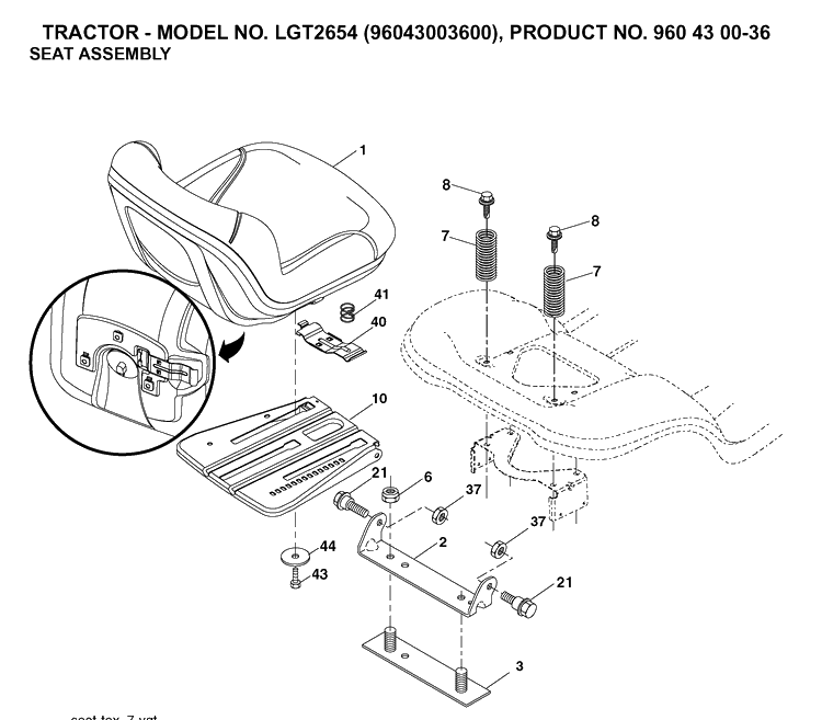 Seat Diagram and Parts List for LGT2654 (96043003600)(2006-12) Husqvarna Lawn Tractor
