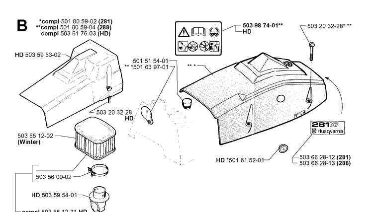Air Filter Cover Diagram and Parts List for 281 20000600001-20014000000 Husqvarna Chainsaw