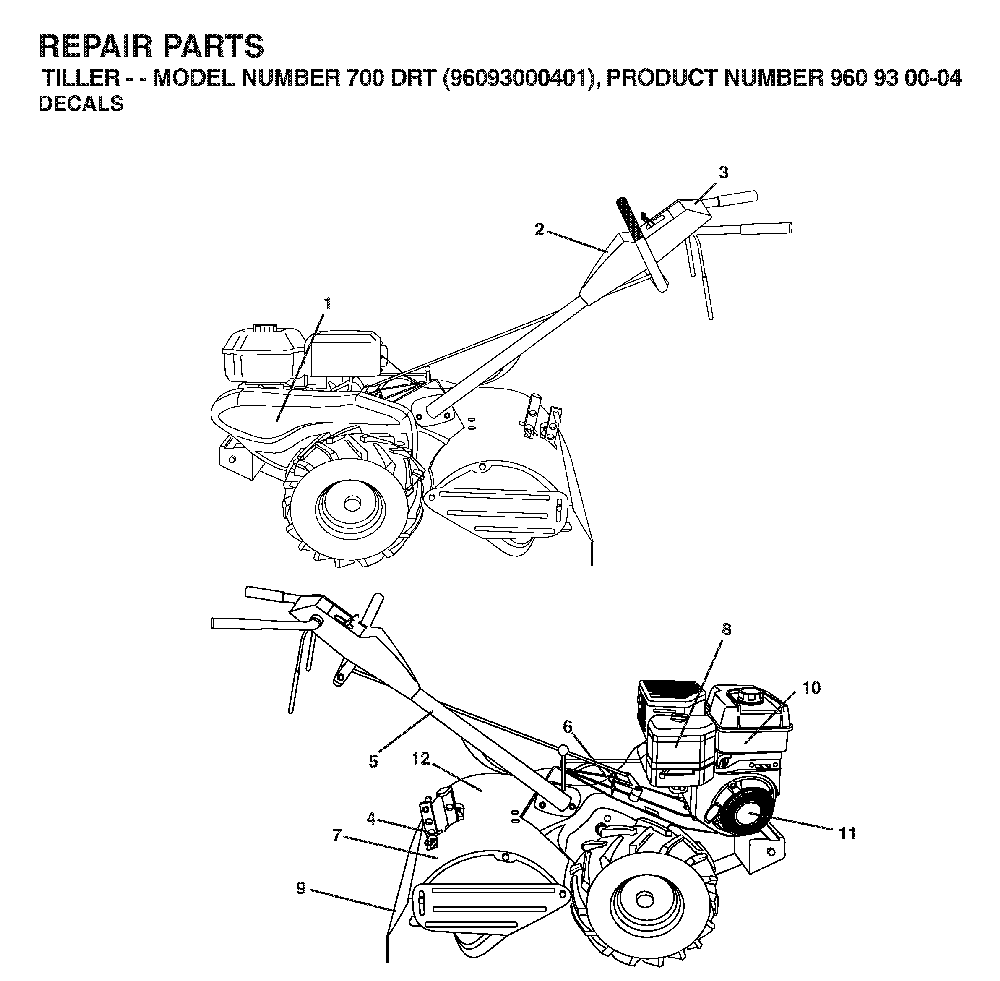 Decals Diagram and Parts List for 700DRT (96093000401)(2006-02) Husqvarna Tiller