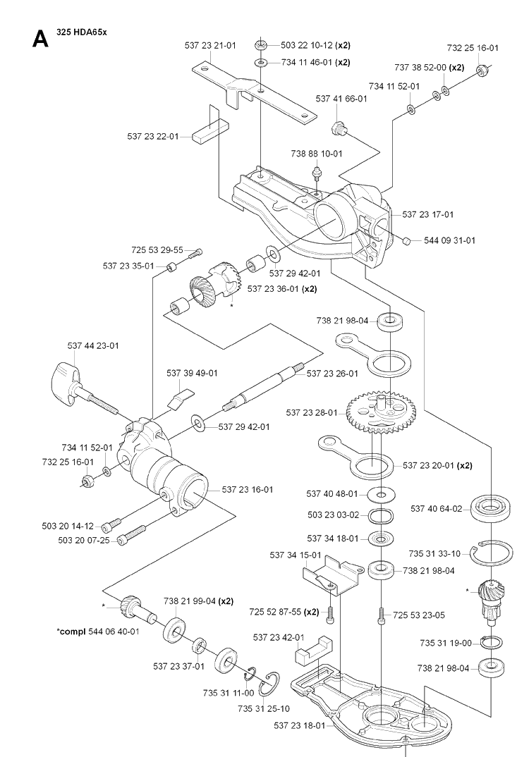 Gear Housing Diagram and Parts List for 325HDA65 (X-SERIES)(20070100001-20090900000) Husqvarna Hedge Trimmer