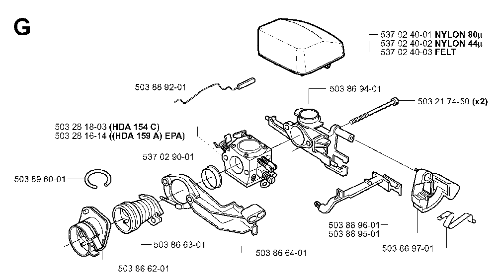 Carburetor And Air Filter Diagram and Parts List for 351EPA 20012200001 Husqvarna Chainsaw