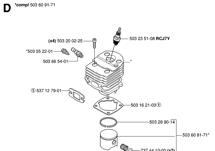 Cylinder Piston Diagram and Parts List for 55 (RANCHER)(20060600001-20070500000) Husqvarna Chainsaw