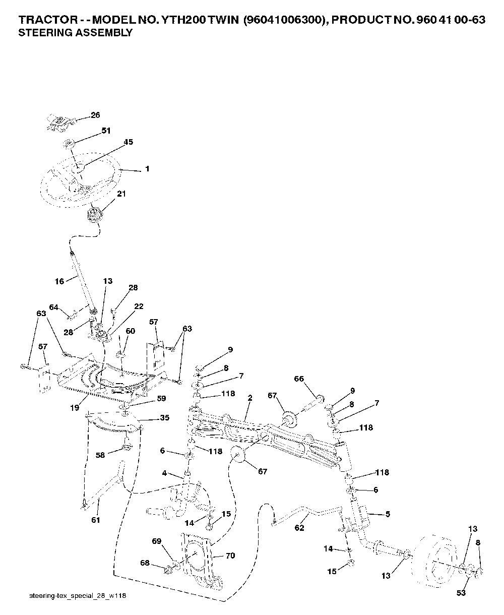 Steering Diagram and Parts List for YTH200TWIN (96041006400)(2007-10) Husqvarna Lawn Tractor
