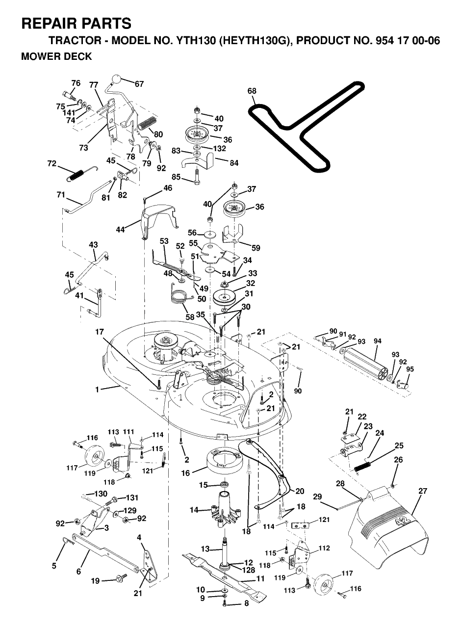 Mower Deck / Cutting Deck Diagram and Parts List for YTH130 (954170006-G)(1998-12) Husqvarna Lawn Tractor