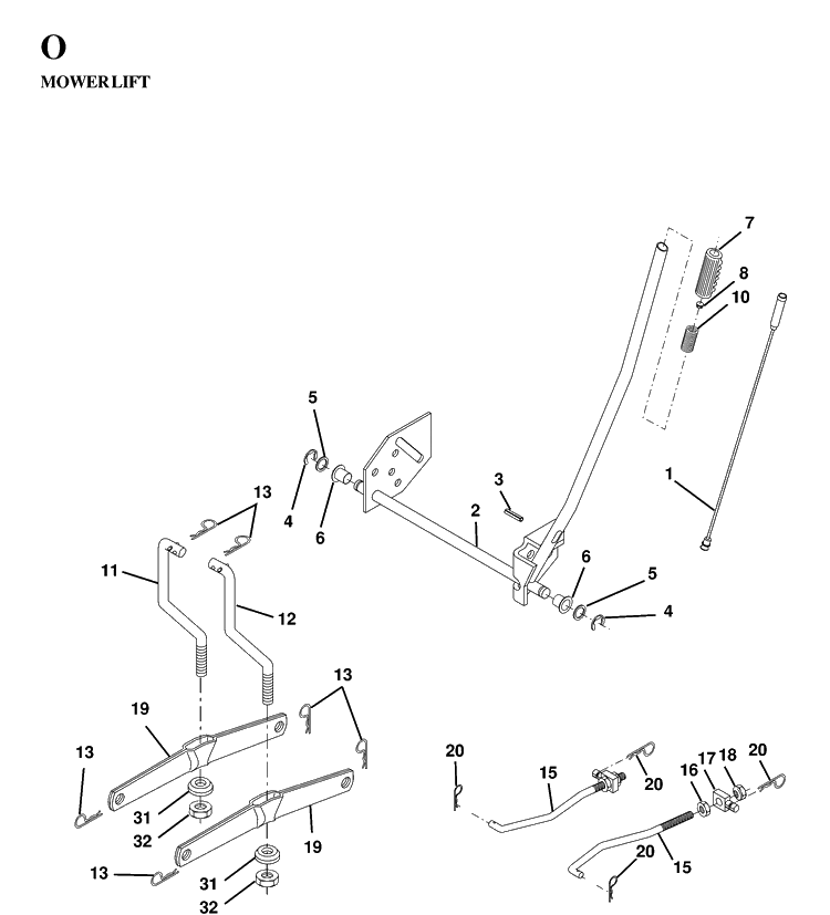 Mower Lift / Deck Lift Diagram and Parts List for YTH130 1997-02 Husqvarna Lawn Tractor