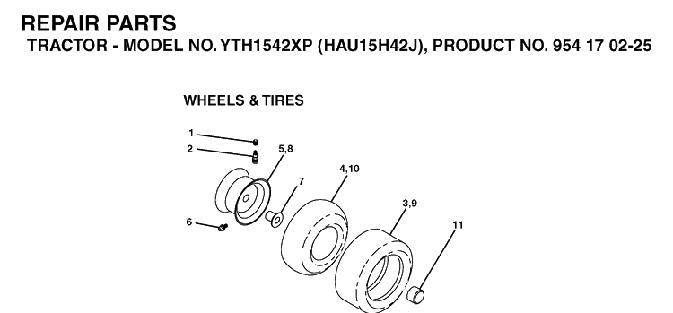 Wheels And Tires Diagram and Parts List for YTH1542XP (HAU15H42J)(2004-09) Husqvarna Lawn Tractor