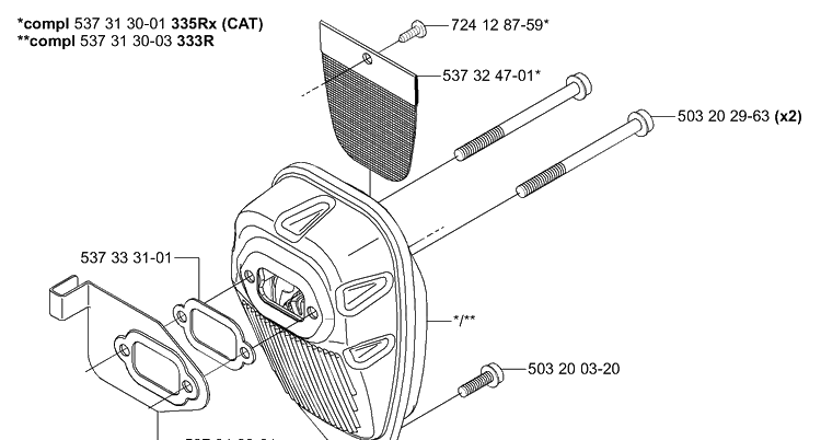 Muffler Diagram and Parts List for 333RX 2005-06 Husqvarna Trimmer