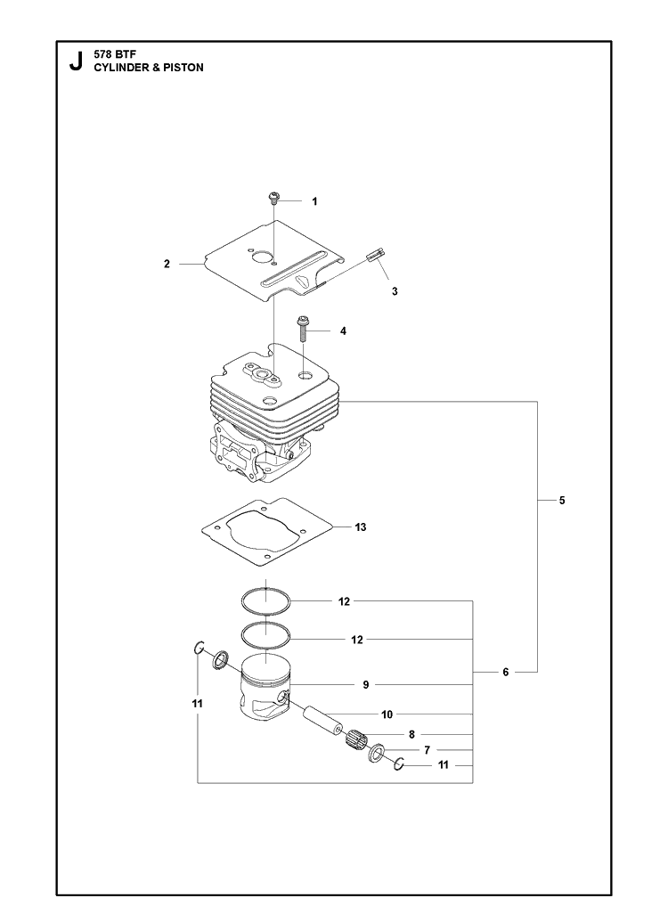 Cylinder Piston Diagram and Parts List for 578BTF 20143600001-20183500000 Husqvarna Leaf Blower / Vacuum