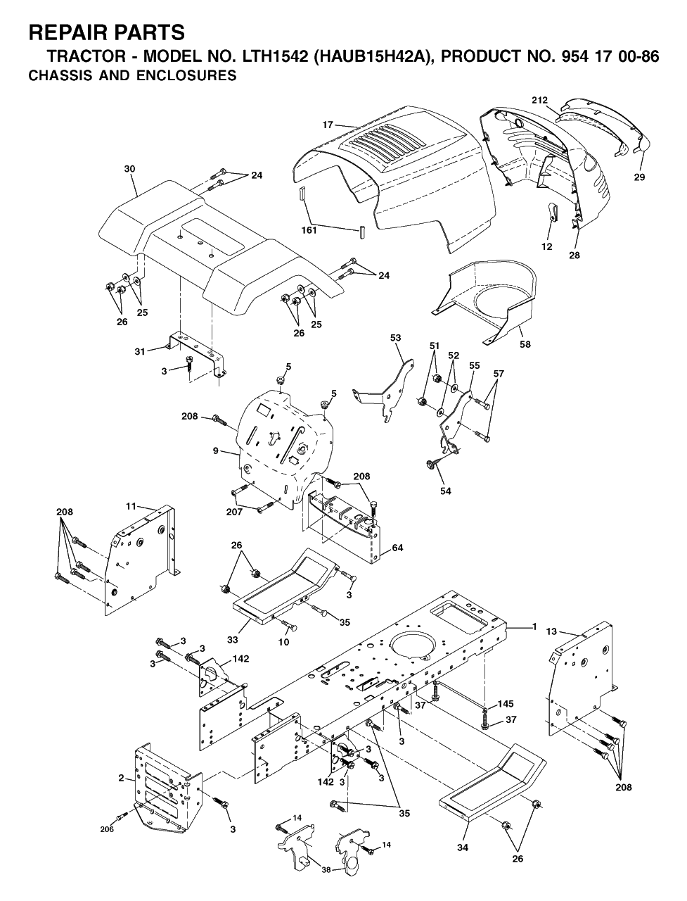 Chassis And Enclosures Diagram and Parts List for LTH1542 (954170086-A)(2003-01) Husqvarna Lawn Tractor
