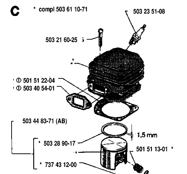 Cylinder Piston Diagram and Parts List for 268 19933600001-19970100000 Husqvarna Chainsaw