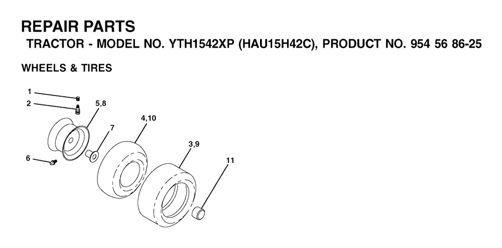 Wheels And Tires Diagram and Parts List for YTH1542XP (954568625-C)(2003-01) Husqvarna Lawn Tractor