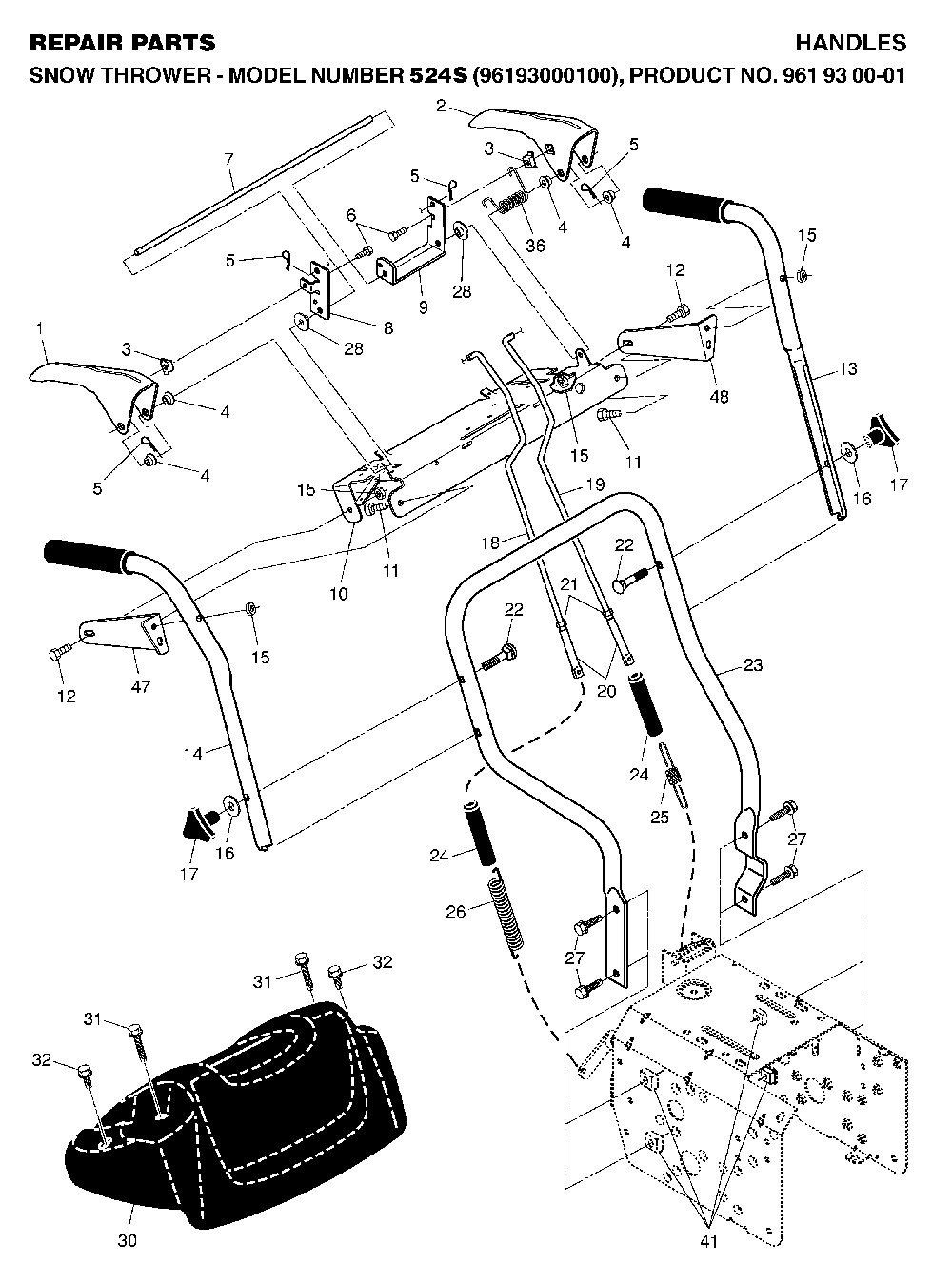 Handle And Controls Diagram and Parts List for 524S (96193000100)(2006-06) Husqvarna Snow Blower