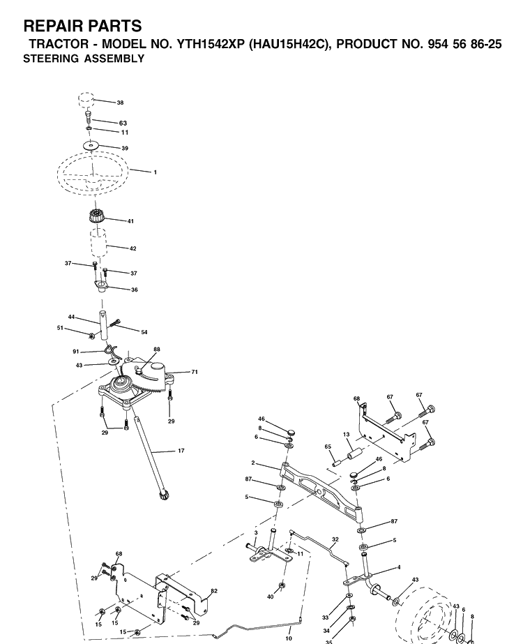 Steering Diagram and Parts List for YTH1542XP (HAU15H42C)(2003-01) Husqvarna Lawn Tractor