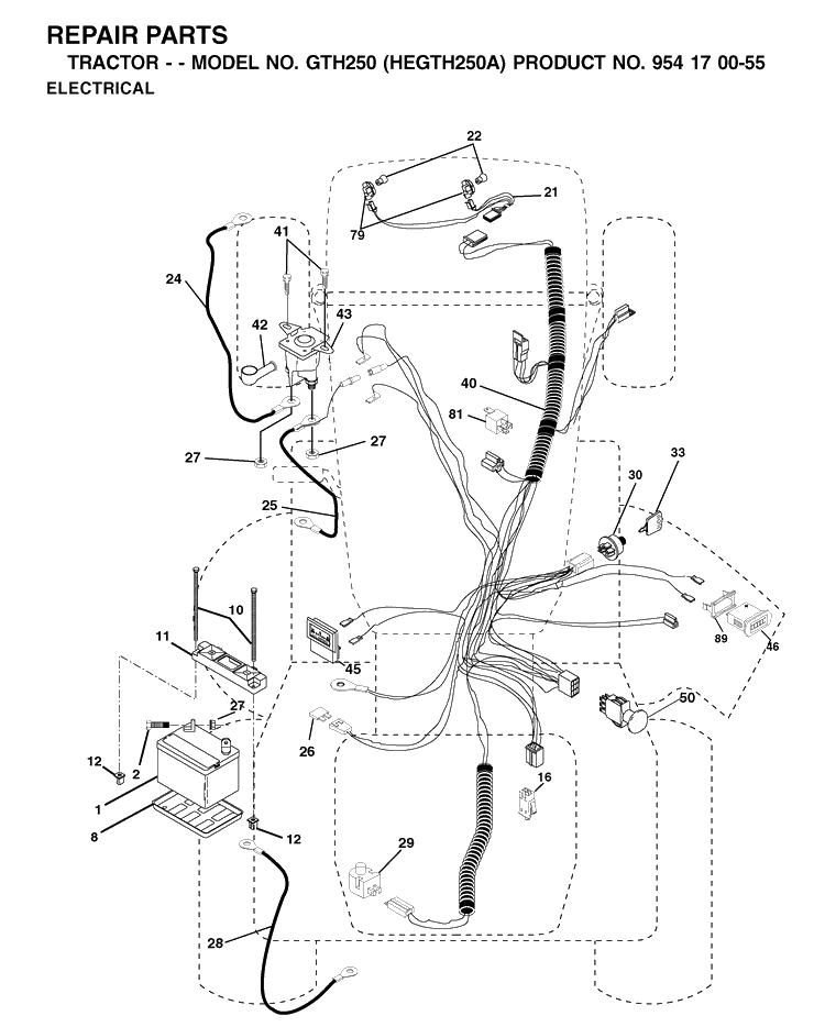 Electrical Diagram and Parts List for GTH250 (HEGTH250A)(2002-03) Husqvarna Lawn Tractor